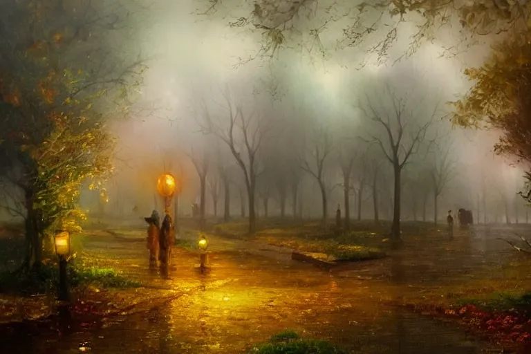 Prompt: An oil painting of a magical scene, the background was ruined by rain and fog, surrealism, cinematic world