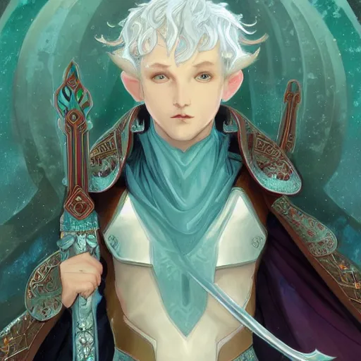 Image similar to an epic concept art of a handsome snow elf in a turquoise cape and silver armour, bow and arrow, albino skin, winter vibes, elegant, very coherent symmetrical artwork, rule of thirds, by ralph hosley and alphonse mucha and charlie bowater, sharp focus, trending on artstation