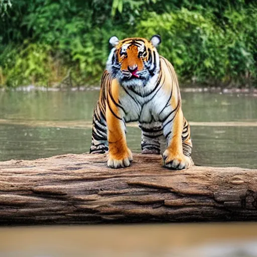 Prompt: a mighty Chinese tiger standing on a log ready to hunt prey in the water