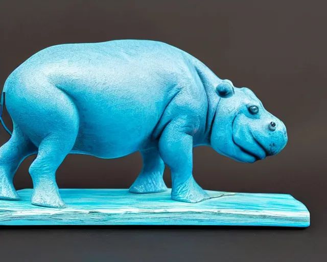 Image similar to small hippopotamus sculpture on a desk with bottom part and legs made out of wood and back and top part out of blue epoxy resin, side view centered