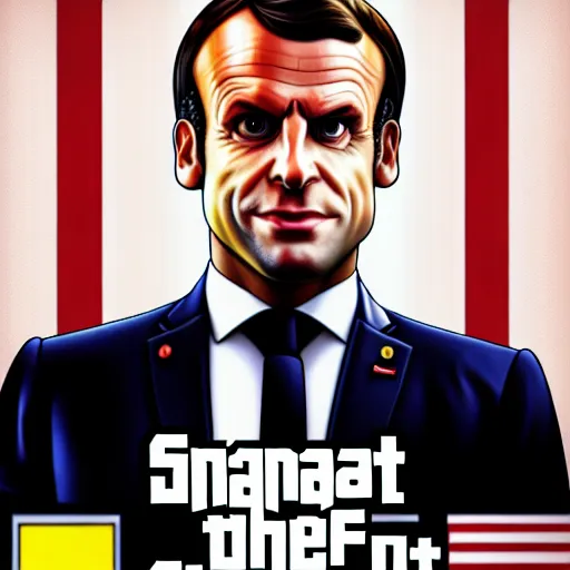 Prompt: emmanuel macron in a gta v cover art by stephen bliss