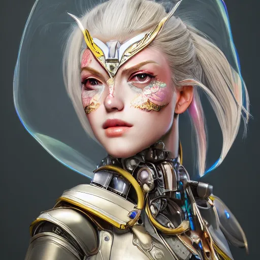 Image similar to studio portrait of lawful good colorful female holy mecha paladin absurdly beautiful, elegant, young sensual graceful woman, ultrafine hyperrealistic detailed face illustration by kim jung gi, irakli nadar, intricate linework, sharp focus, bright colors, matte, octopath traveler, final fantasy, unreal engine highly rendered, global illumination, radiant light, intricate environment