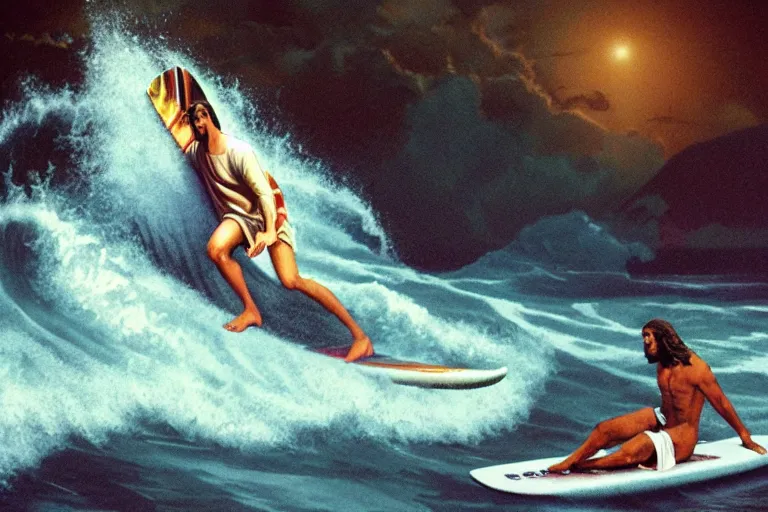 Image similar to jesus surfing the vibe wave