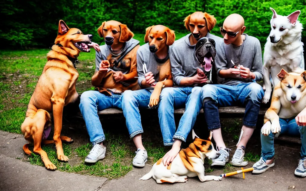 Prompt: group - of - humanoid - dog - friends - smoking - rolled - joint - outside photo