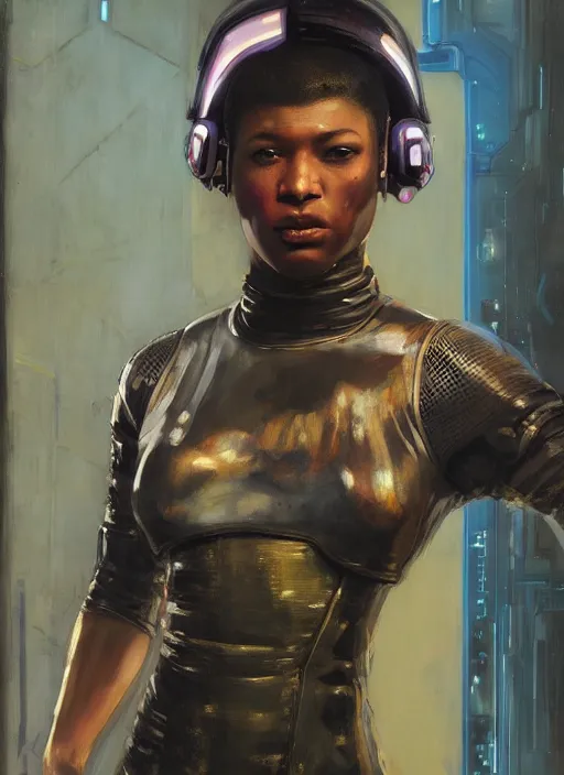 Image similar to Isabel igwe. cyberpunk mercenary wearing a futuristic helmet and combat jumpsuit. (Cyberpunk 2077, bladerunner 2049). Iranian orientalist portrait by john william waterhouse and Edwin Longsden Long and Theodore Ralli and Nasreddine Dinet, oil on canvas. Cinematic, vivid colors, hyper realism, realistic proportions, dramatic lighting, high detail 4k