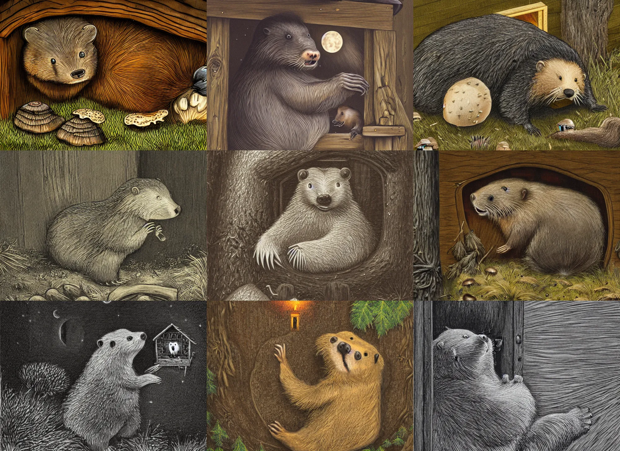 Image similar to angry anthropomorphic beaver knocking on his neighbors mushroom house door, incredibly fine detailed portrait, dynamic angle, 2 0 0 mm focal length, highly detailed, dramatic full moon lighting, many fireflies