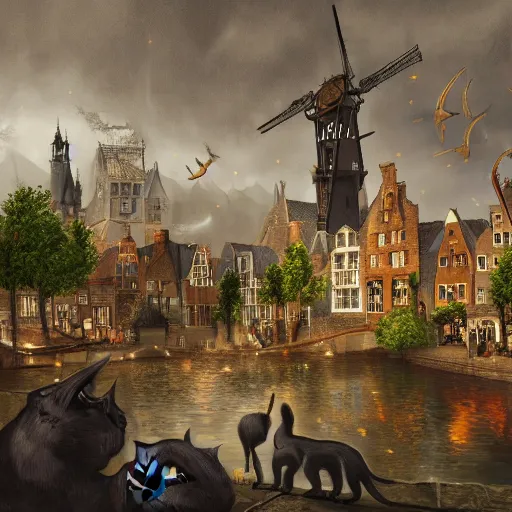 Prompt: A bustling magical town with witches flying on their broom and black cats laying around inspired by Victorian England and Amsterdam, concept art, matte painting, trending on art station, ultra high quality, masterpiece