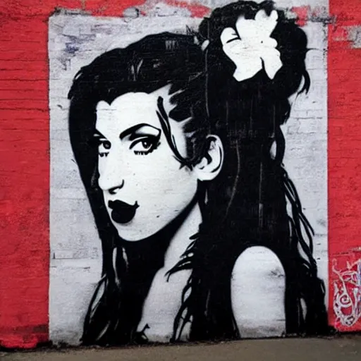 Image similar to Street-art portrait of amy winehouse in style of Banksy, photorealism