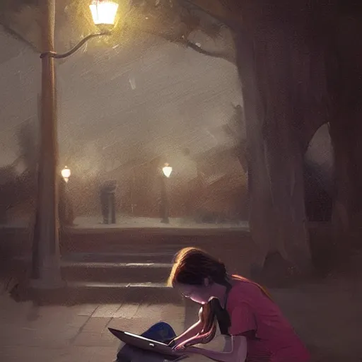 Prompt: a girl working on her laptop, city park, street lighting, greg rutkowski, digital painting