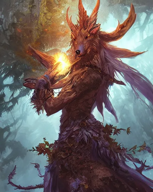 Image similar to Fox Shapeshifter Druid Mage, D&D, artstation, fantasy, magic the gathering artwork, cinematic lighting, centered, symmetrical, highly detailed, digital painting, , concept art, smooth, sharp focus, illustration, volumetric lighting, epic Composition, 8k, art by Akihiko Yoshida and Greg Rutkowski and Craig Mullins, oil painting, cgsociety