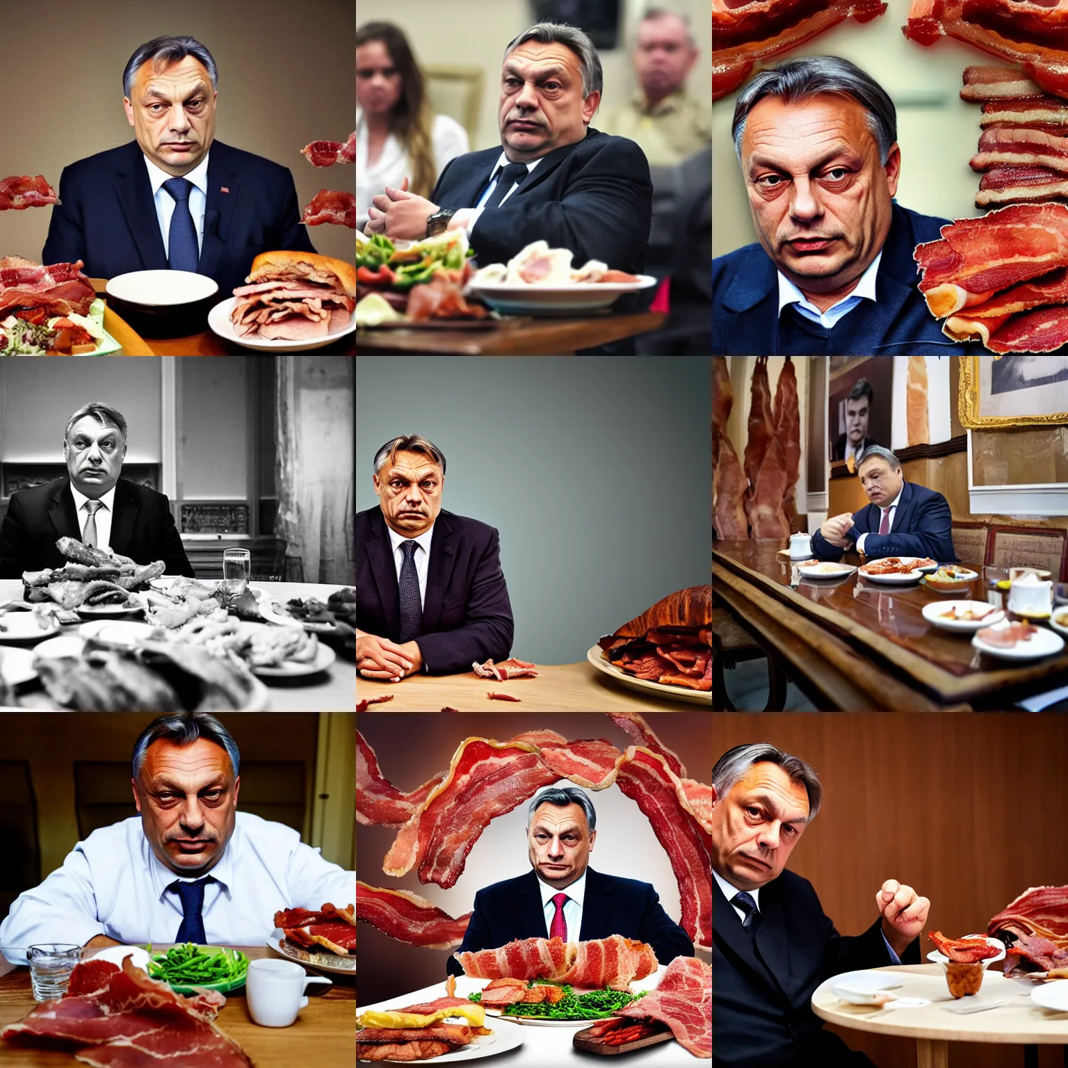Prompt: portrait of depressing viktor orban sitting behind a table full of bacon