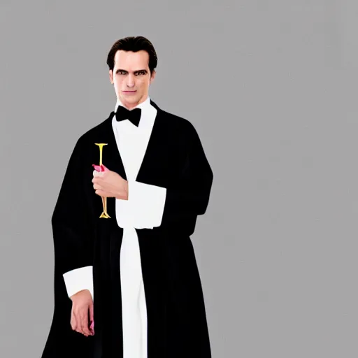 Image similar to patrick bateman wearing black robe and golden necklace cinematic photoshoot high quality highly affordable photo realistic 8 k hd