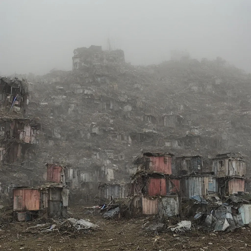 Image similar to two towers, made up of makeshift squatter shacks with faded colours, uneven dense fog, dystopia, mamiya, f 1 1, fully frontal view, photographed by jeanette hagglund