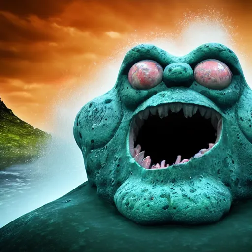 Prompt: the pain is splattered on the sad monster's green face on a rainy day with huge waves crashing against a cliff, hints of red and yellow, fantasy, unreal engine