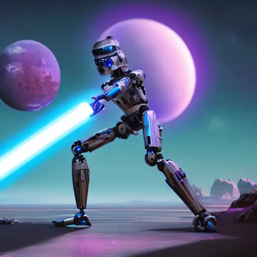 Image similar to humanoid robot in fighting stance wielding lightsaber in front of a violet planet in the sky, unreal engine, featured on cgsociety, trending on artstation, detailed, scifi futuristic character concept, simon stalenhag, movie still, octane render, hubble telescope, violet planet, stars, hyperrealistic, cinematic, by weta digital, epic action pose