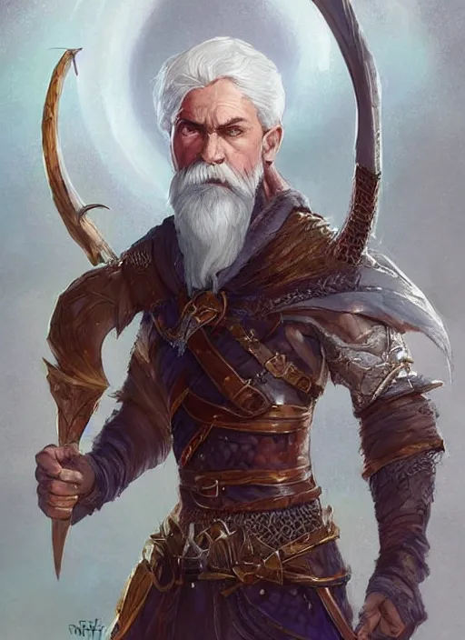 Prompt: man with short white hair and white circle beard, dndbeyond, bright, colourful, realistic, dnd character portrait, full body, pathfinder, pinterest, art by ralph horsley, dnd, rpg, lotr game design fanart by concept art, behance hd, artstation, deviantart, hdr render in unreal engine 5