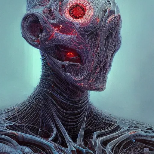 Prompt: portrait art of an ultradetailed evil cyborg made of neuronal networks, by greg rutkowski and Zdzisław Beksiński, digital painting, 8k, intricate, futuristic, dramatic light, trending on cg society