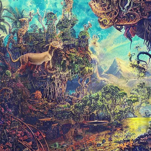 Prompt: insanely detailed, intricate ink illustration, prismatic holographic ink beautiful planet the journey darren arnofsky Kent williams junglepunk landscape oil painting