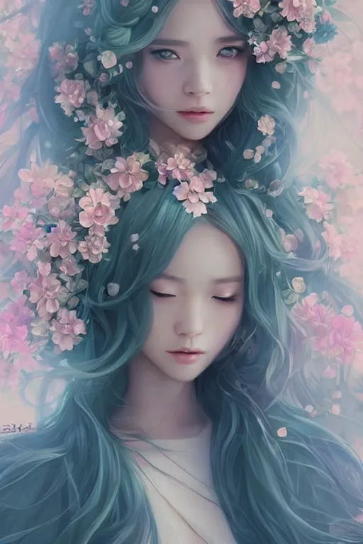 Image similar to romantic and fashion and love princess of the flower with sheath dress, 8 k realistic, teenager girl, baroque, symmetrical, flowing hair, smile, trending pinterest and pixiv, muted colors, hyperrealistic, l close up shot, character concept art, face by kyoung hwan kim, alexandra fomina, ilya kuvshinov