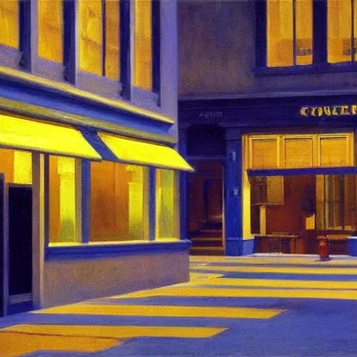 Prompt: cinematic hyper realism highly detailed painting of a blue corridor with yellow lights, by Edward Hopper