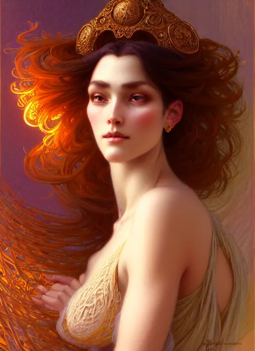 Image similar to character concept portrait of me as modest wife blessed by god to grow ever more intelligent beautiful voluminous muscular tall and virtuous. modestly clothed, intricate, elegant, highly detailed, digital painting, artstation, concept art, symmetry, smooth, sharp focus, illustration, art by gaston bussiere and alphone mucha