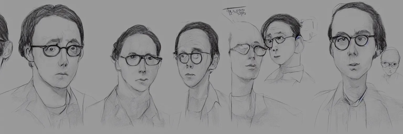 Image similar to character study of todd solondz and paul dano, 2 0 2 2, clear faces, emotional, character sheet, fine details, concept design, contrast, kim jung gi, pixar and da vinci, trending on artstation, 8 k, full body and head, turnaround, front view, back view, ultra wide angle