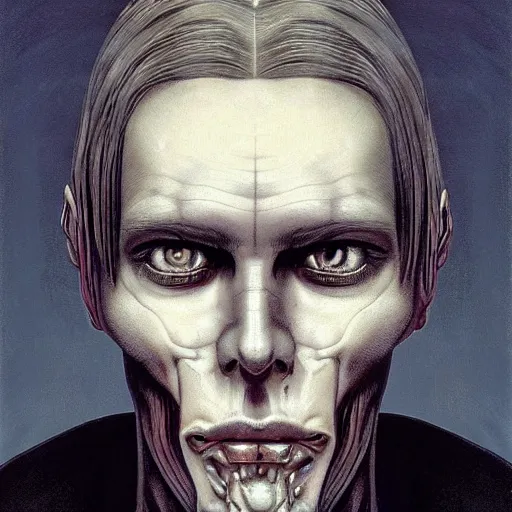 Image similar to surreal portrait of a man by Greg Rutkowski and H.R Giger, symmetrical face, he is about 30 years old, west slav features, short blonde hair with bangs, attractive, smart looking, slim, somewhat androgenic, transformed into a kind of biomechanical transhuman god, disturbing, terrifying but fascinating, with a determined and sinister expression on his face, cosmic void background, frightening, fascinating, highly detailed portrait, digital painting, book cover, artstation, concept art, smooth, sharp foccus ilustration, Artstation HQ