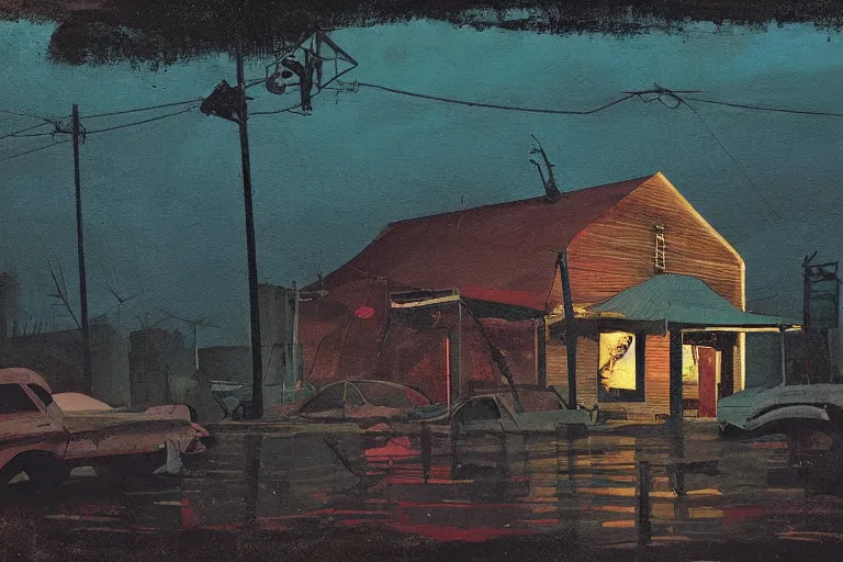 Image similar to scene fromlouisiana swamps, old protestant church with neon cross, junkyard by the road, boy scout troop, voodoo artwork by tim eitel