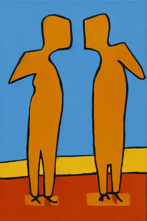 Image similar to neo cubistic painting of two tall figures, sandy yellow and some light blue, muted colors