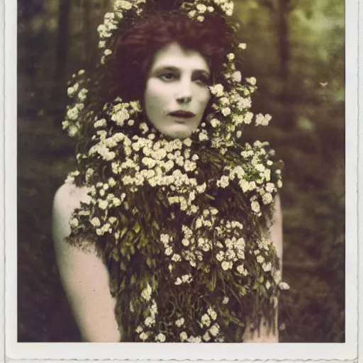 Image similar to portrait of a beautiful woman covered in flowers, Forest, ray gods, 1910 polaroid photography