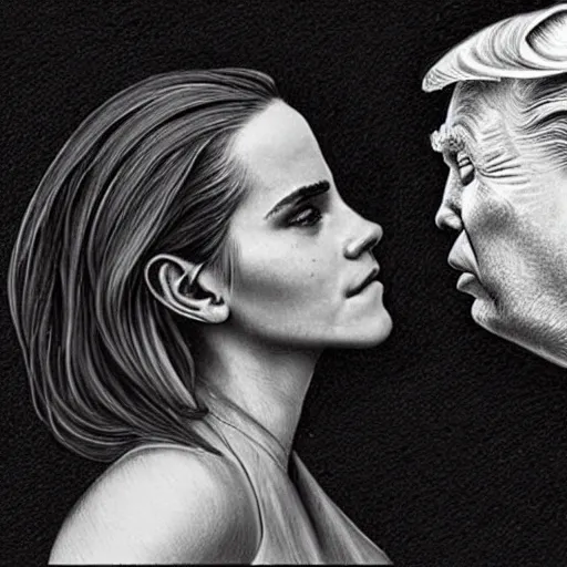 Image similar to emma watson kissing donald trump pencil sketch,