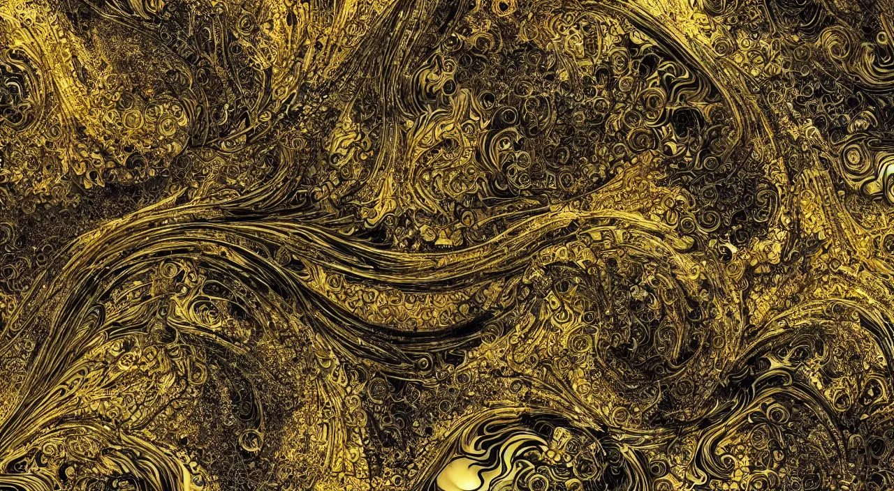 Prompt: black and gold, Yoshitaka Amano, junji ito, smooth liquid metal with detailed line work, Mandelbulb fractal, Exquisite detail perfect symmetrical, silver details, hyper detailed, golden ratio, city night, steampunk, smoke, neon lights, starry sky, steampunk city background, liquid polished metal, by albert kiefer