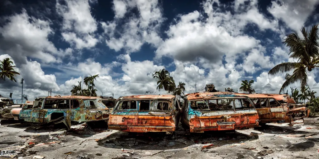 Image similar to wide angle shot of dilapidated fallout 5 miami, tropical coastal city, desolate, dilapidated, some rusted retro futuristic vintage parked vehicles like cars, buses, trucks, trams, sunny weather, few clouds, volumetric lighting, photorealistic, daytime, spring, sharp focus, ultra detailed, technicolour 1