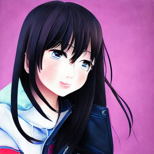 Image similar to a high detail portrait of high school girl by makoto sinkai, kawaii, full body, in simple background, CLIP STADIO, mad painting