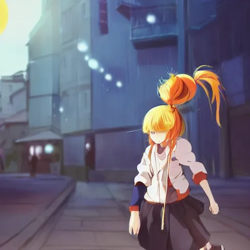 Prompt: Astonishing Pixiv 8K Splash art of an Anime Key Visual Pinterest loli with blond hair and cute pigtails who wears a blue coat with a hood and black shorts when practicing parkour through a big modern city in twilight from Unsplash. She does a superhero pose against a cinematic dark scene of an HDR sunset with faint orange light in Studio Ghibli style. Amazing piece Trending on Artstation and DeviantArt, dynamic lighting,