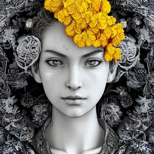 Image similar to the portrait of an absurdly beautiful, graceful, elegant young woman made of bananas and petals looking down, an ultrafine detailed illustration by kim jung gi, irakli nadar, intricate linework, bright colors, octopath traveler, final fantasy, angular, unreal engine 5 highly rendered, global illumination, radiant light, detailed and intricate environment