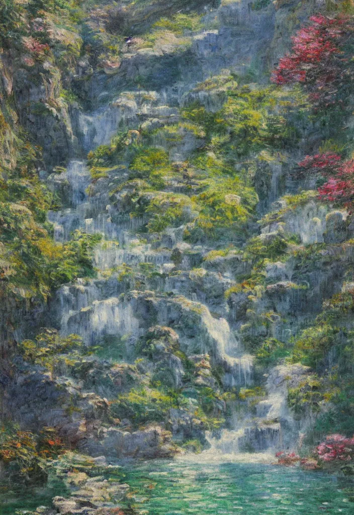 Image similar to a japanese city in the mountain. waterfall. gorgeous epic nature, lofi, vivid colors, amazing light, by jeremy lipkin, by claude monet, heavily inspired by makoto shinkai, kandinsky touches, inspired by ghibli, masterpiece, multiple brush strokes, impressionist style