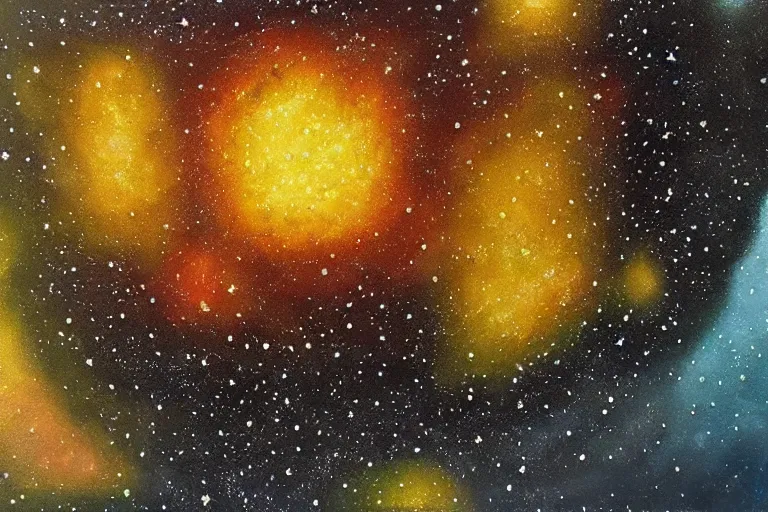 Image similar to hyperrealism oil painting, close - up frozen in an ice cube black flowers and fireflies gradient mixed with nebula sky, in style of baroque