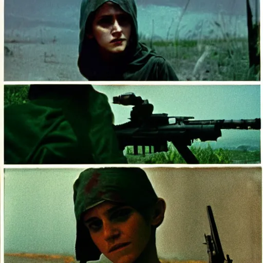 Image similar to film still, extreme far view, emma watson vietnam door gunner, film still from apocalypse now ( 1 9 7 9 ), 2 6 mm, kodak ektachrome, blue tint expired film,