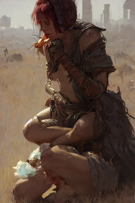 Image similar to a full body portrait of a beautiful post apocalyptic offworld treatment district bedouin blind pulp fiction scarlet wild rogue barbarian leper begging by the roadside, intricate, elegant, highly detailed, digital painting, artstation, concept art, smooth, sharp focus, illustration, art by krenz cushart and artem demura and alphonse mucha