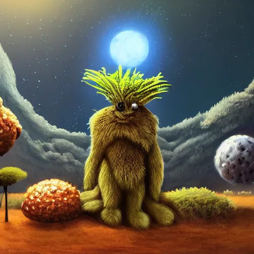 Image similar to cute fluffy alien on planet with craters and unusual plants detailed painting 4k