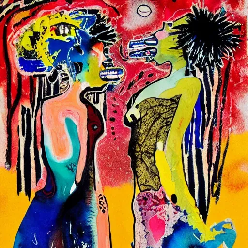Prompt: watercolor painting of two bizarre psychedelic women kissing in japan in winter, speculative evolution, mixed media collage by basquiat and jackson pollock, maximalist magazine collage art, sapphic art, psychedelic illustration