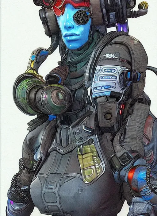 Image similar to apex legends cyberpunk blackops swimmer. concept art by james gurney and mœbius. gorgeous face.