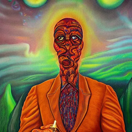 Image similar to a surreal painting of a golden faceless man during in a ayahuasca hallucination