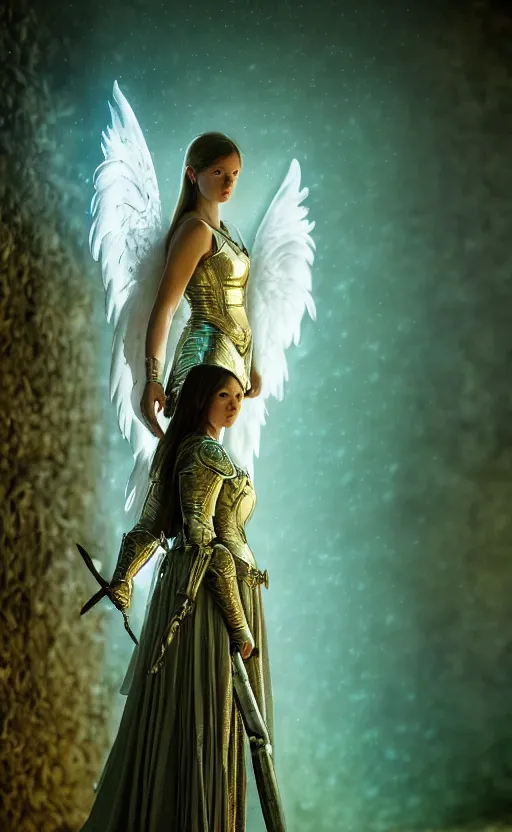 Prompt: angel, low key light, full plate armor with cloth, f 2. 8, bokeh, medium portrait, gentle, female, dark ruins, landscape, d & d, fantasy, intricate, elegant, highly detailed, teal white gold color palette, roger deakins, sharp focus, greg rutkowski and alphonse mucha