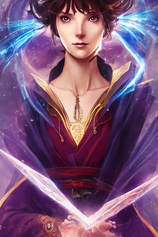 Image similar to anime key visual of a beautiful young female doctor strange, marvel comics, spells, magic, intricate, magical village, stunning, highly detailed, digital painting, artstation, smooth, hard focus, illustration, art by artgerm and greg rutkowski and alphonse mucha