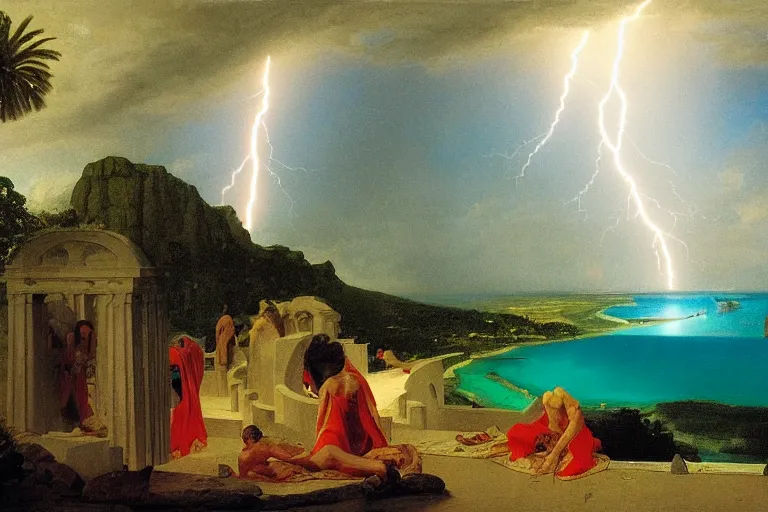 Image similar to From inside of the palace, refracted lightnings on the ocean, thunderstorm, greek pool, beach and Tropical vegetation on the background major arcana sky and occult symbols, by paul delaroche, hyperrealistic 4k uhd, award-winning, very detailed paradise