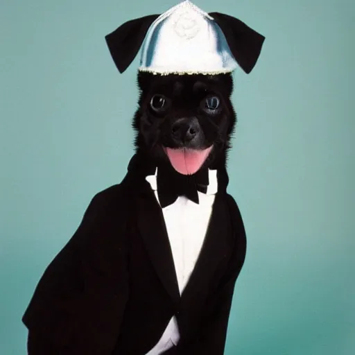 Prompt: 1 9 8 0 s yearbook photography of a dog dressed in a tuxedo