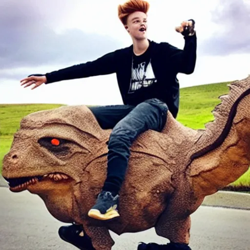 Image similar to an old photograph of taddl ( tj _ beastboy ) riding a real dinosaur, exciting