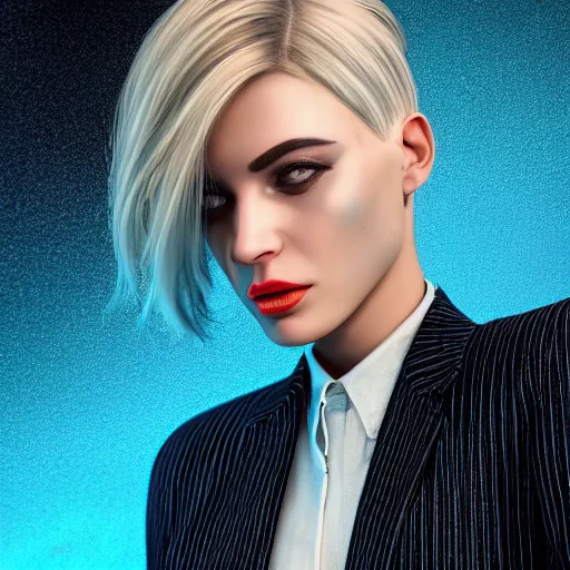 Image similar to stylish woman cartoon portrait made out of rain, pinstripe suit, short blond hair, galactic background, rendered in octane, unreal engine, highly detailed, trending on artstation, realistic, neon, beautiful